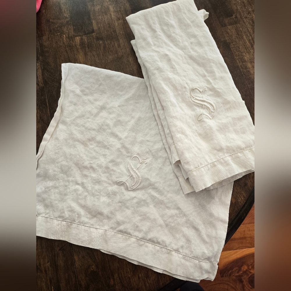 Elegant White Linen Napkins with Embroidered Initial S